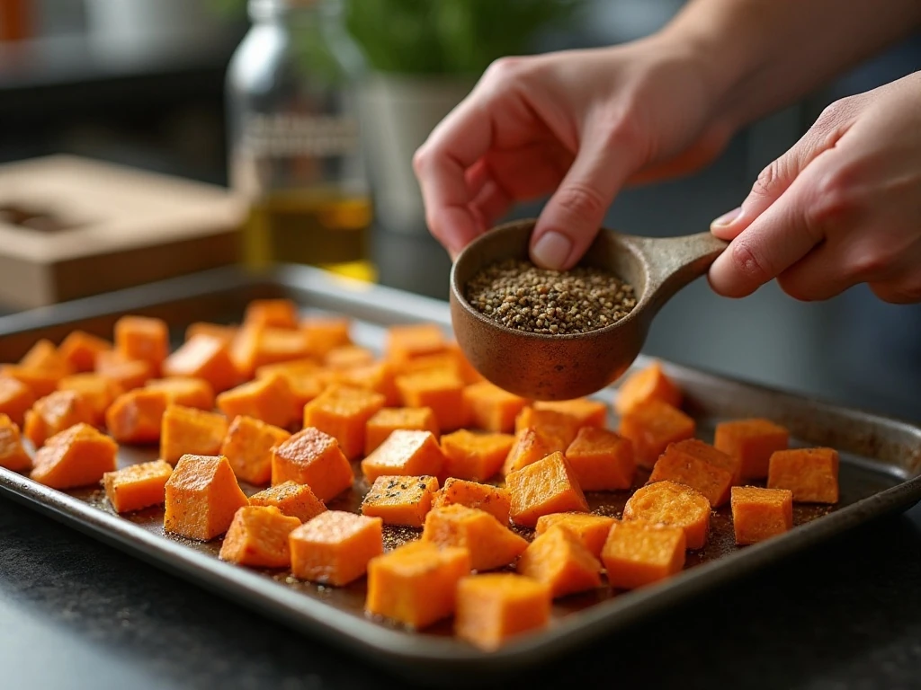 Sweet potato cubes arranged on a baking sheet before roasting