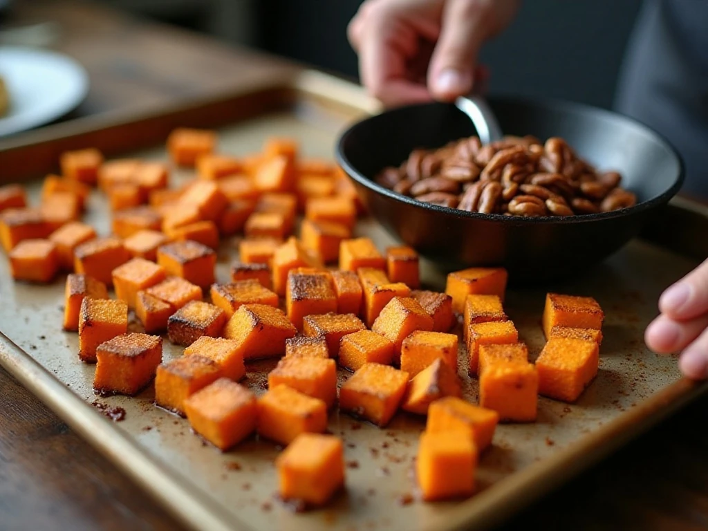 Roasted sweet potatoes and toasted pecans prepared for salad