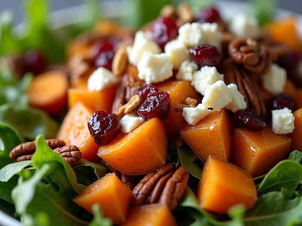 Close-up of feta, pecans, cranberries, and greens on sweet potato salad