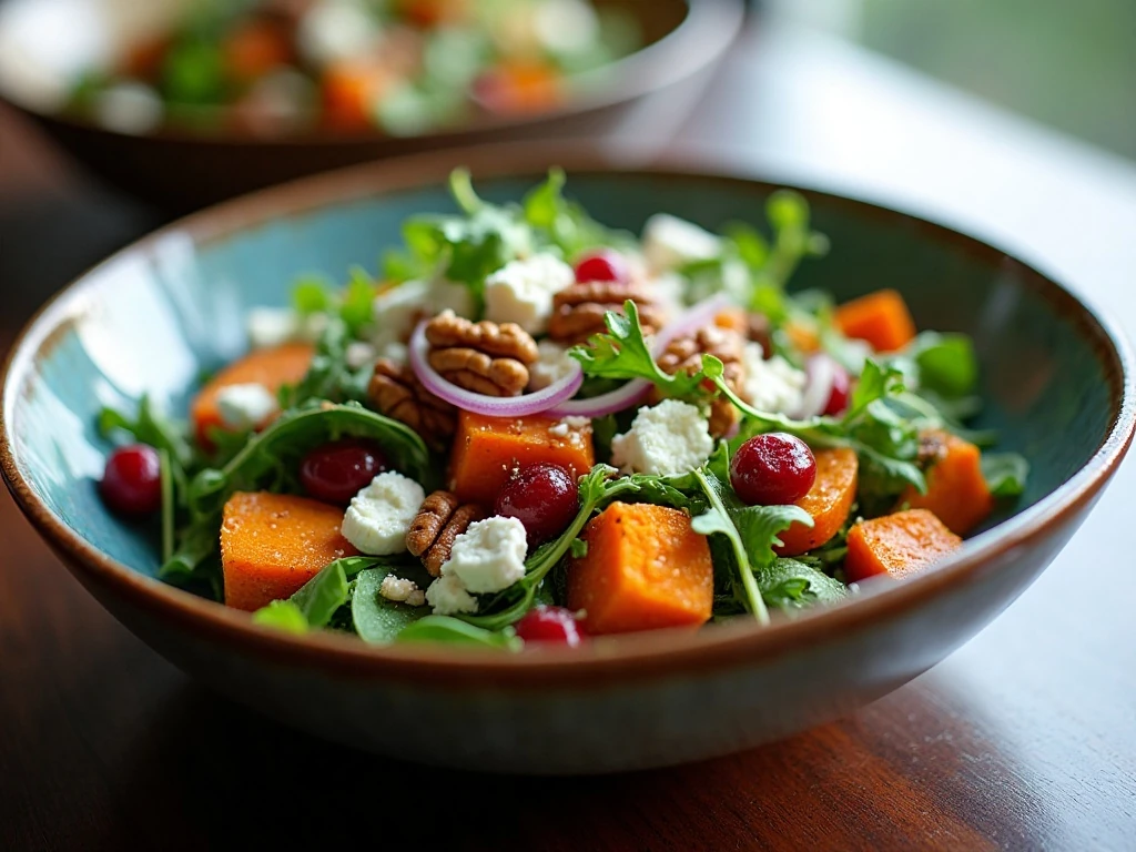 Colorful roasted sweet potato salad ready to serve