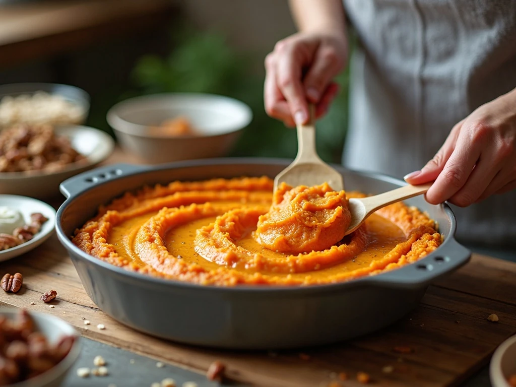 Preparing creamy sweet potato souffle filling and pecan topping