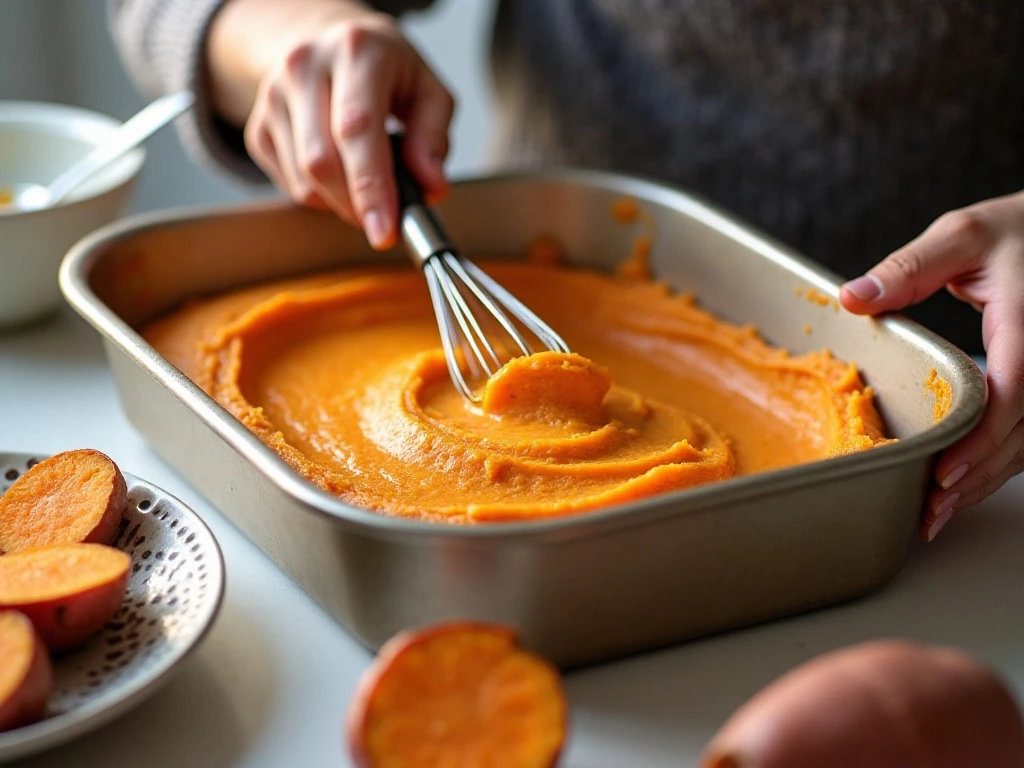 Smooth sweet potato filling spread into a casserole dish