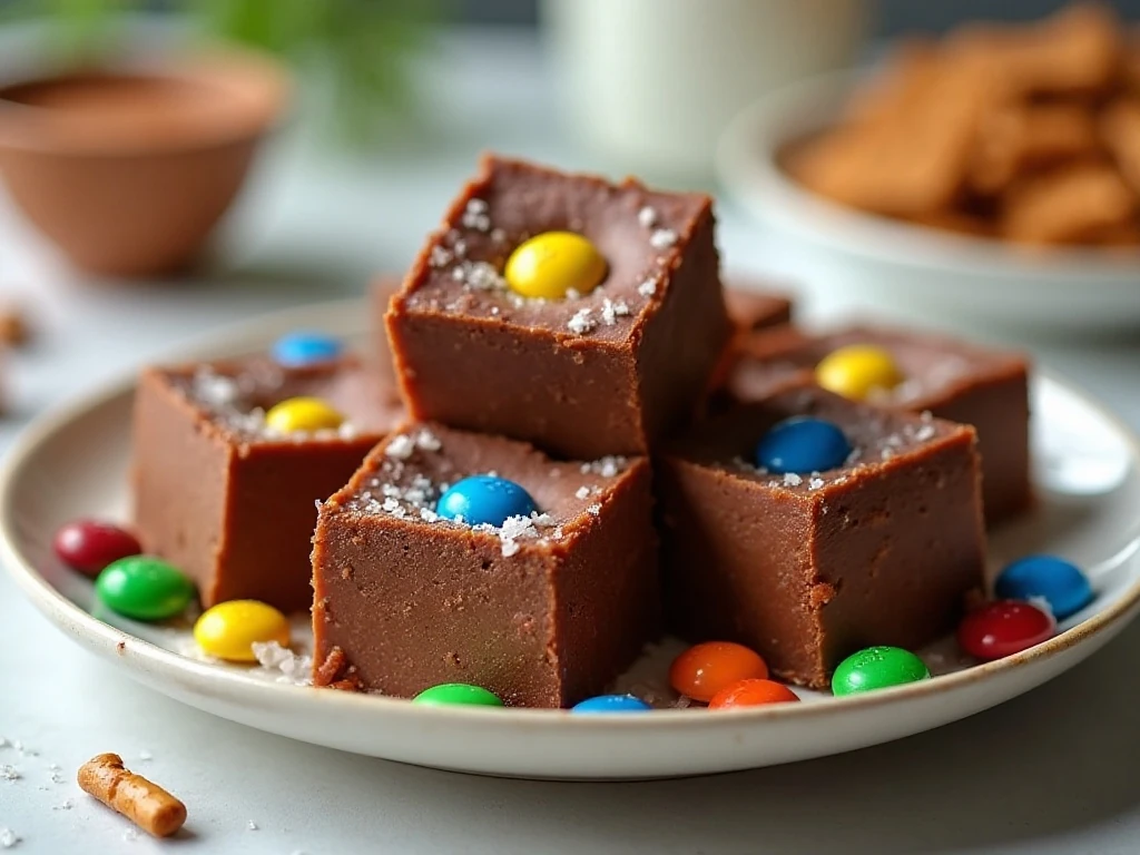 Sweet and salty M&M fudge squares arranged on a serving plate
