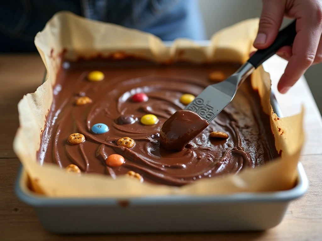 Spreading fudge evenly in a parchment-lined square pan