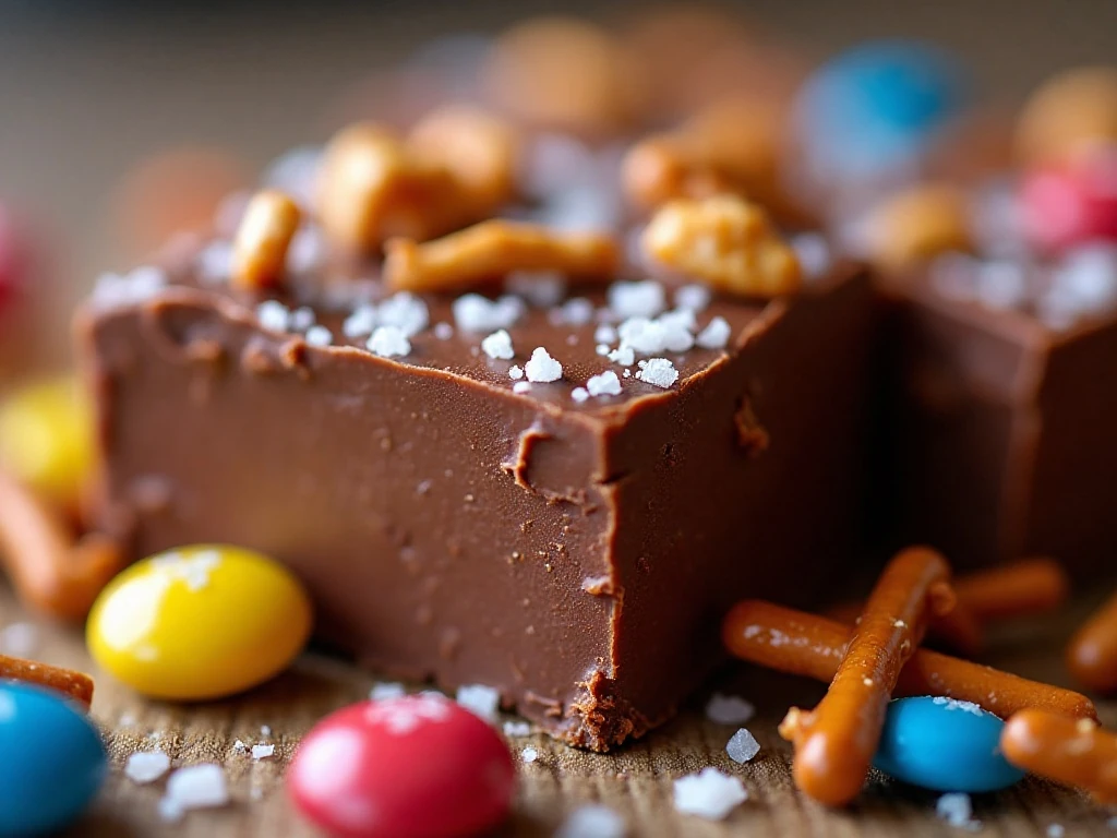 Close-up of M&M fudge with pretzels and flaky sea salt