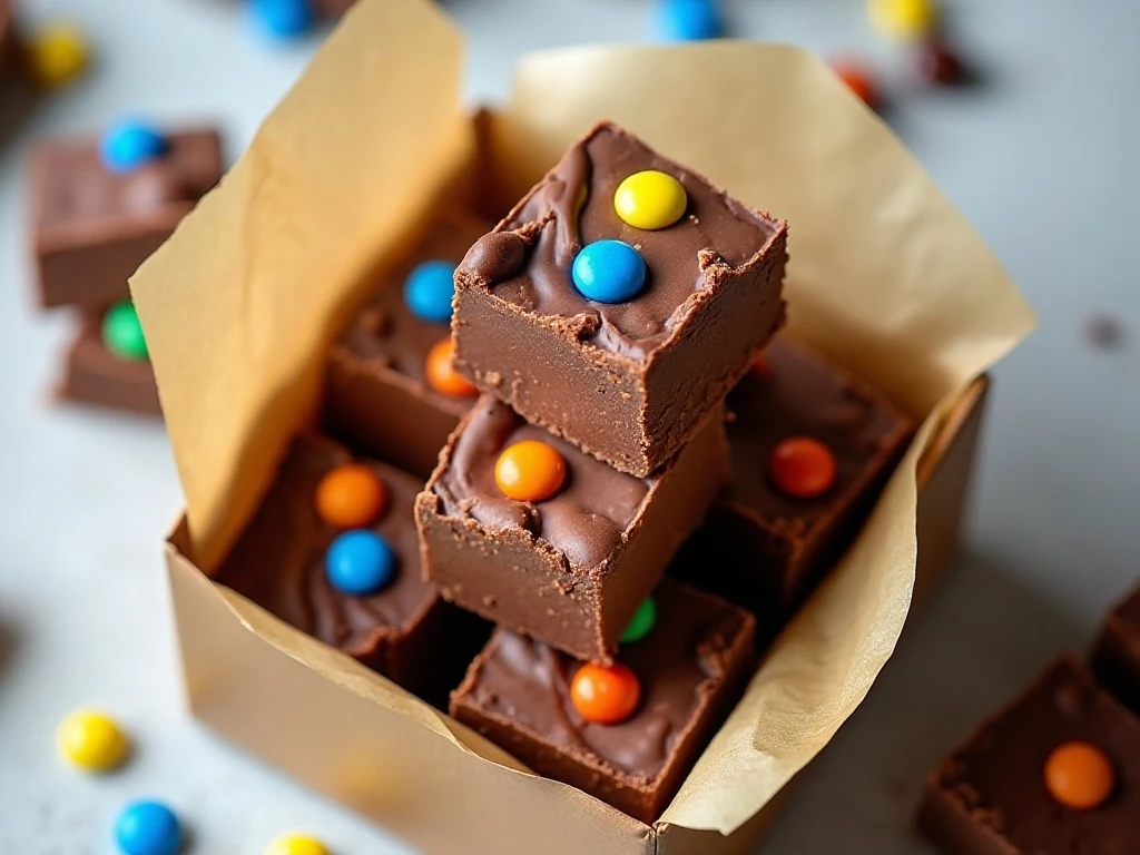 Stored sweet and salty M&M fudge squares separated with parchment