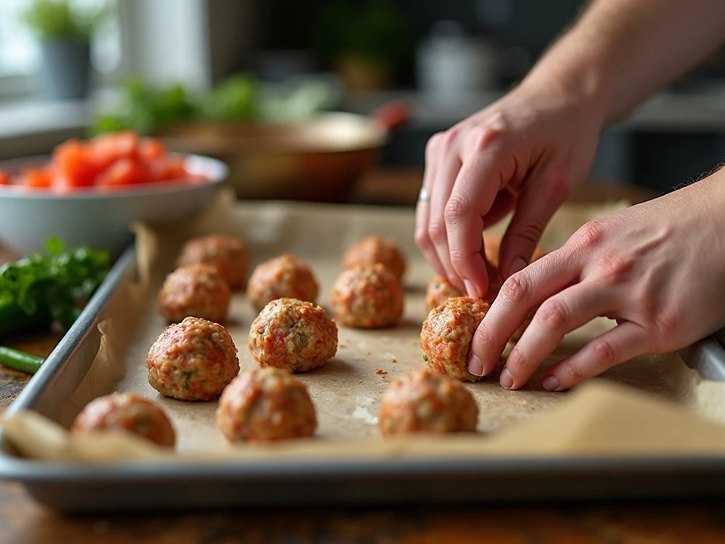Shaping Rotel turkey meatballs before baking