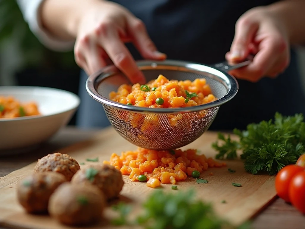 Draining RO*TEL to keep turkey meatballs tender