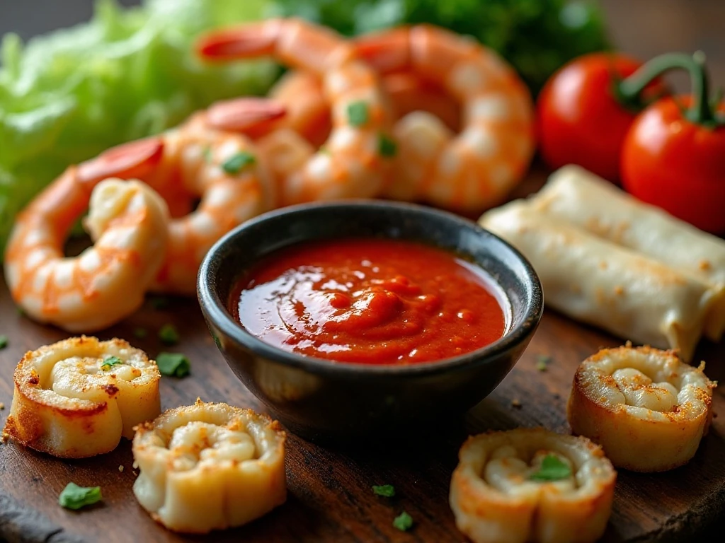 Sweet-spicy dipping sauce served with spring rolls, dumplings, shrimp, and vegetables