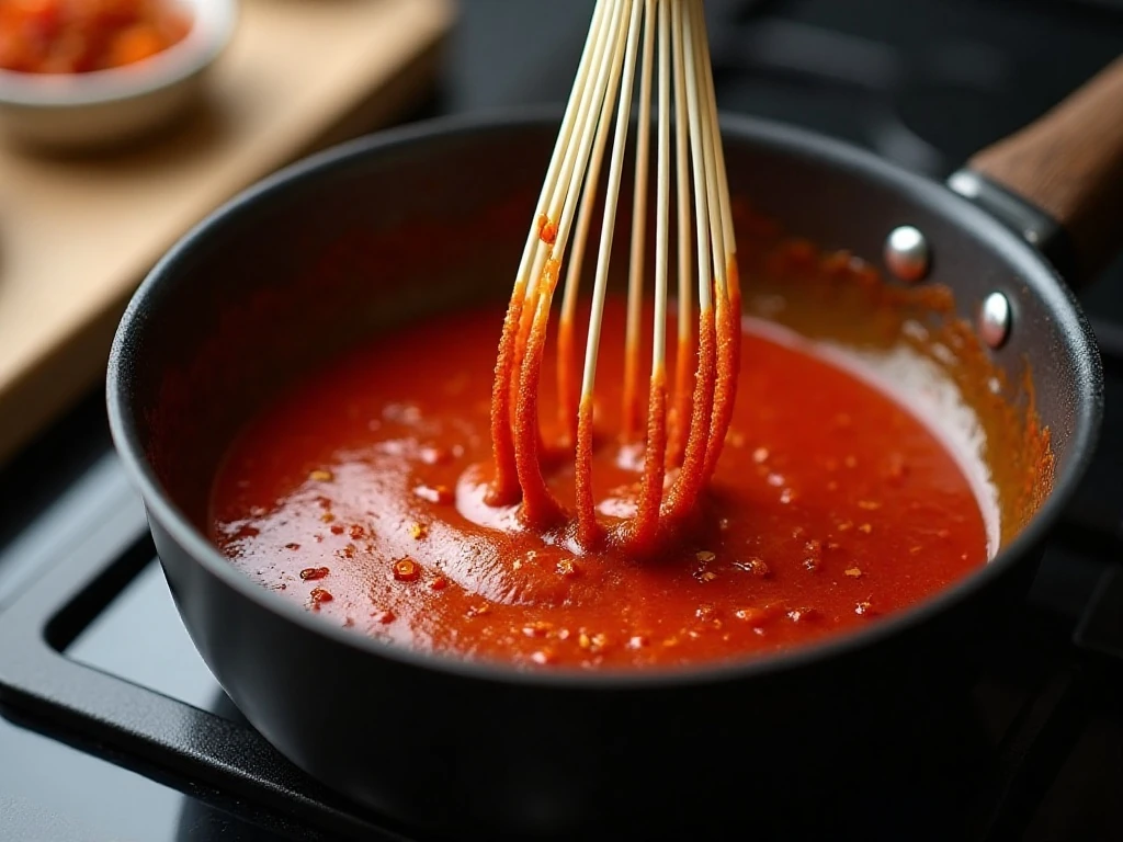 Whisking cornstarch slurry into simmering sweet chili sauce