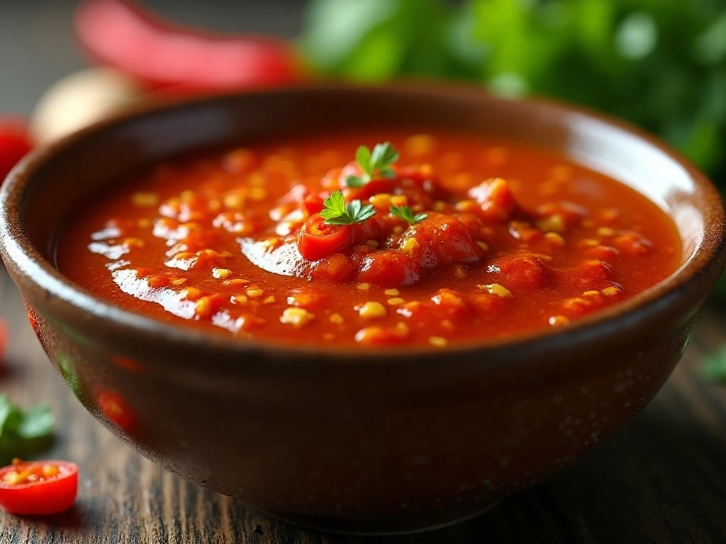 Close-up of glossy garlic and chile sweet-spicy dipping sauce