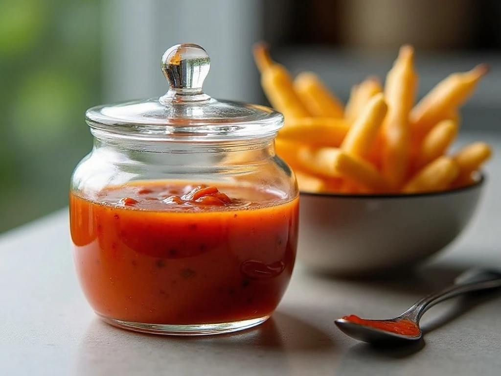 Sweet-spicy dipping sauce stored in a covered glass jar