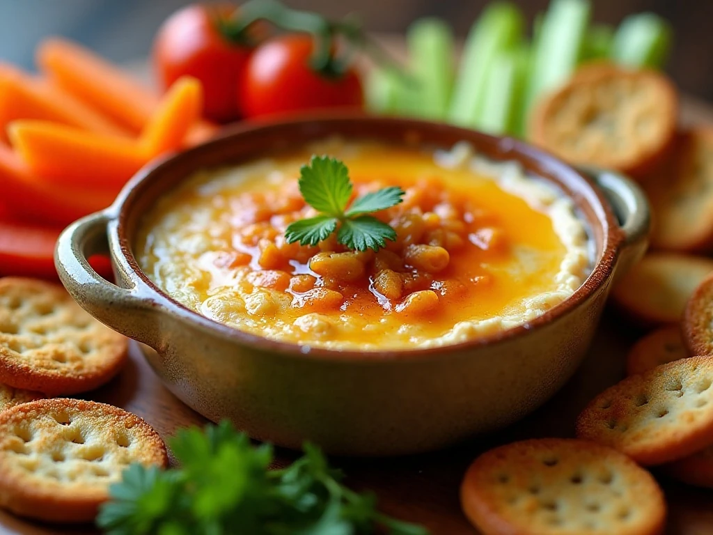 Hot Sweet Vidalia Onion Dip surrounded by crackers, bread, pita chips, and vegetables