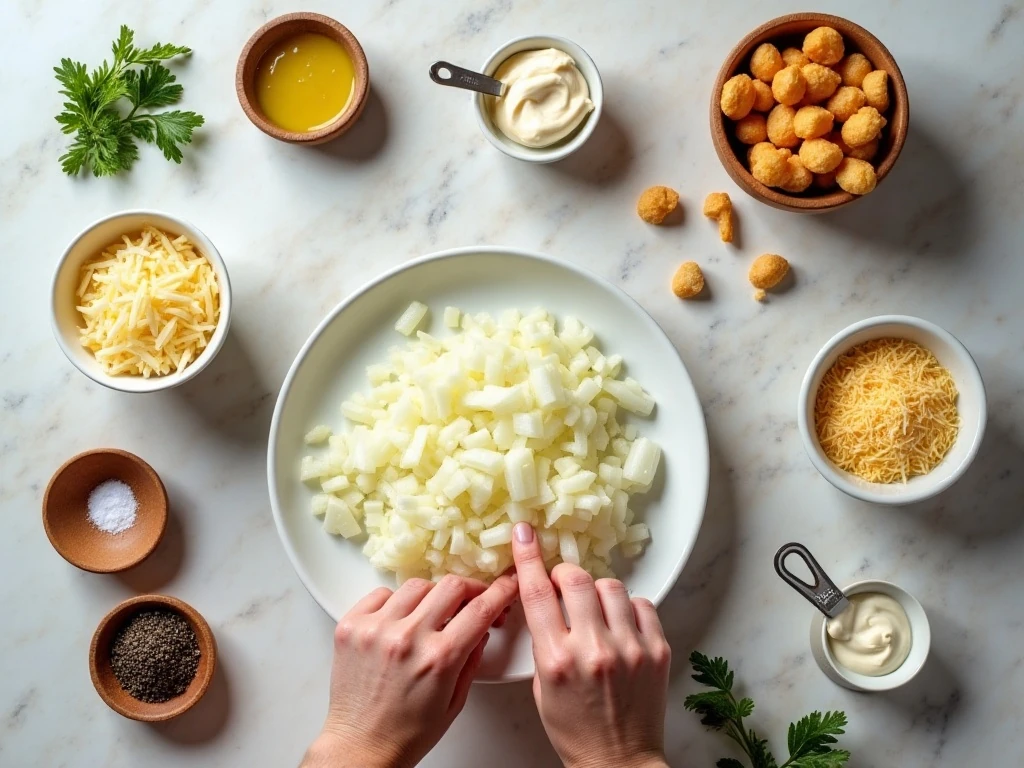 Ingredients for baked Sweet Vidalia Onion Dip arranged in a flat lay