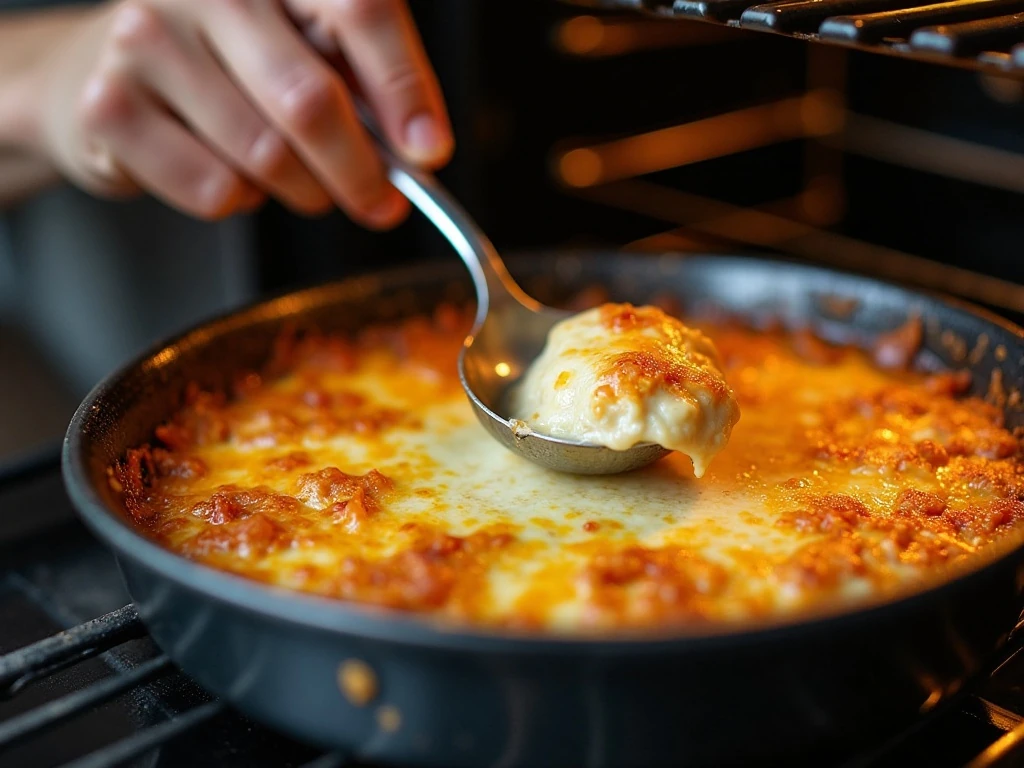 Baked onion dip bubbling and browning around the edges