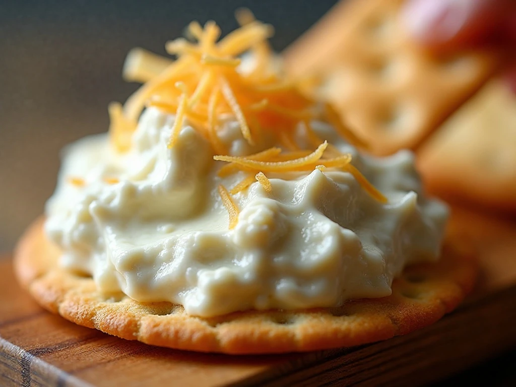 Close-up scoop of creamy baked Vidalia onion dip on a cracker