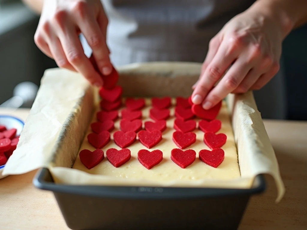 Red velvet hearts arranged inside vanilla cake batter