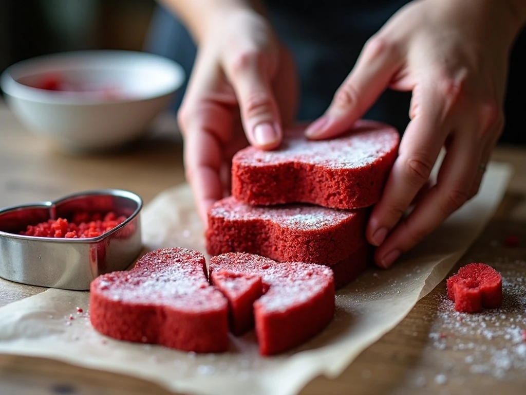 Chilled red velvet cake hearts ready for assembly