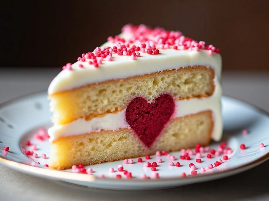 Cross-section of hidden heart cake with pink sprinkles