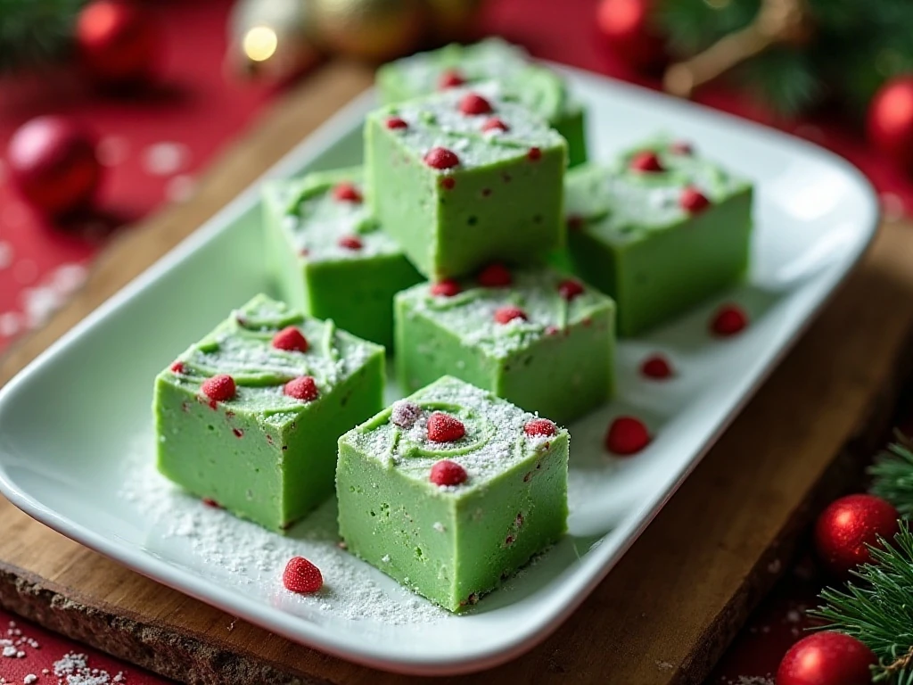 Swirled Grinch fudge squares arranged on a Christmas dessert platter