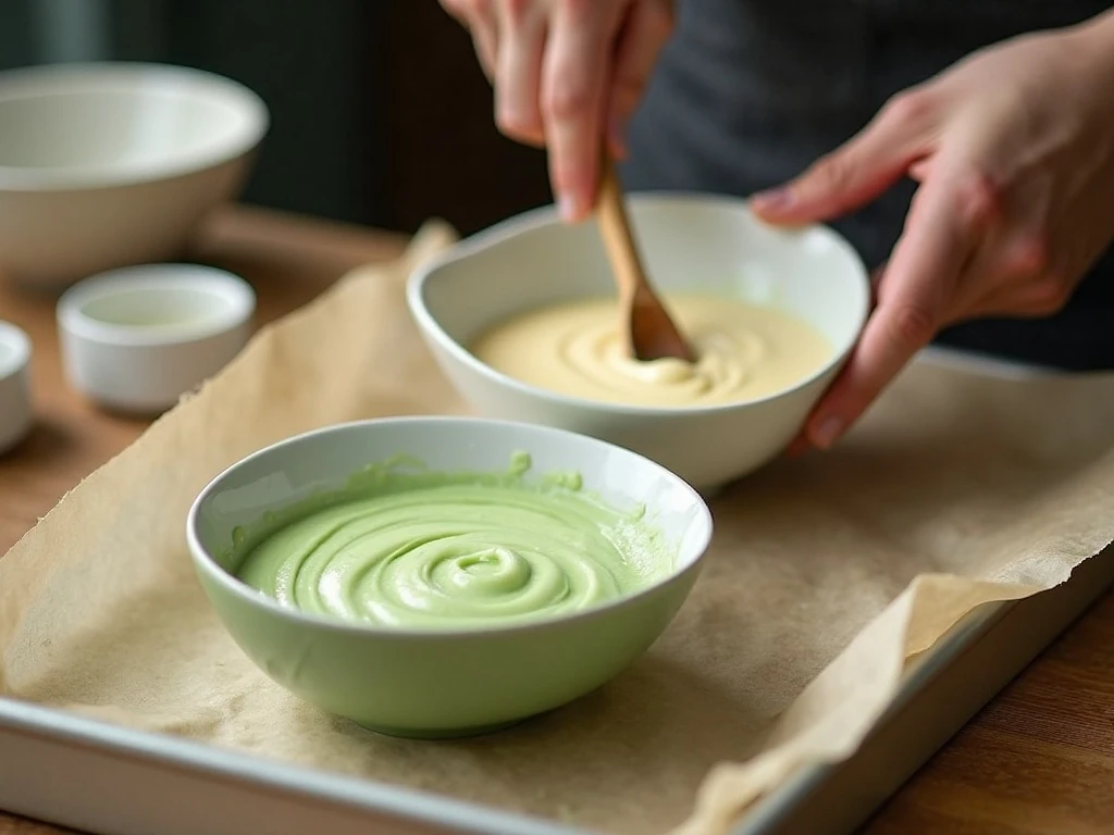 Preparing white and green fudge mixture for swirling