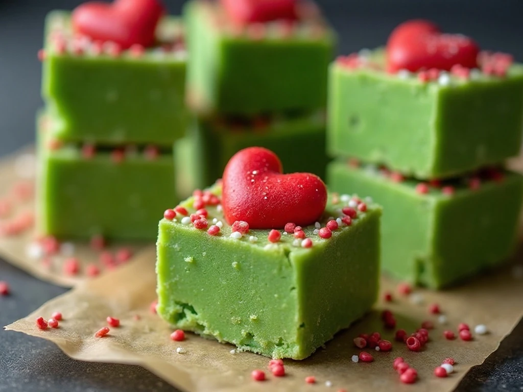 Close-up of a decorated Grinch fudge square