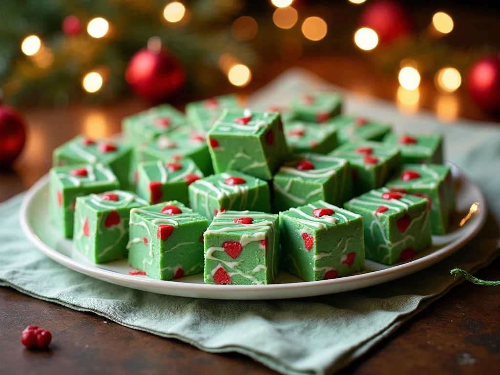 Festive platter of homemade Christmas Grinch fudge