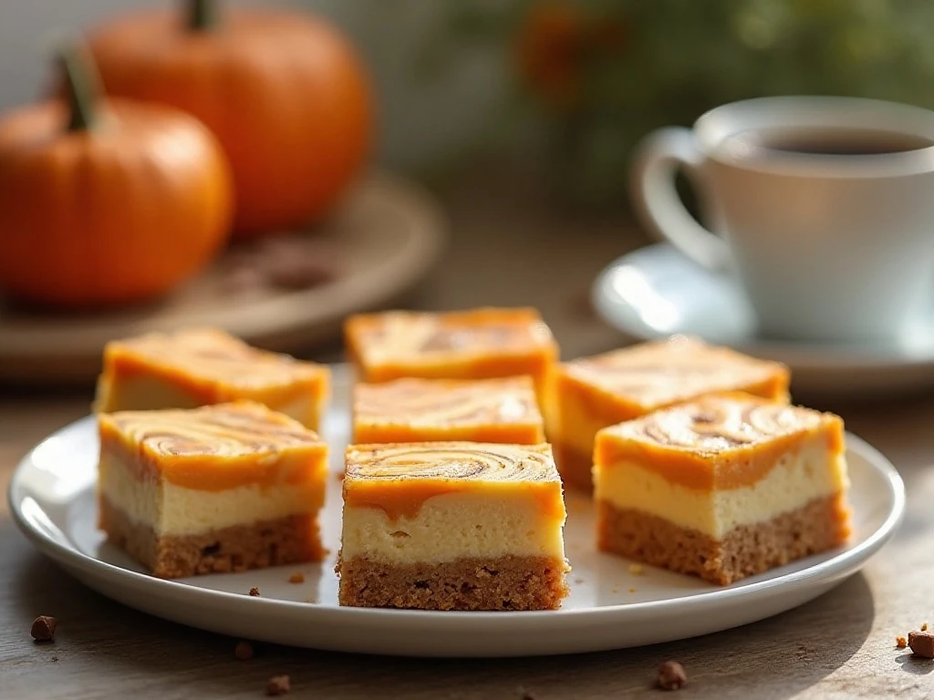 Swirled pumpkin cheesecake bars arranged on a platter