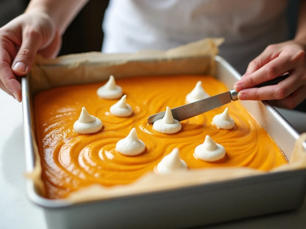 Creating the cheesecake swirl in pumpkin batter