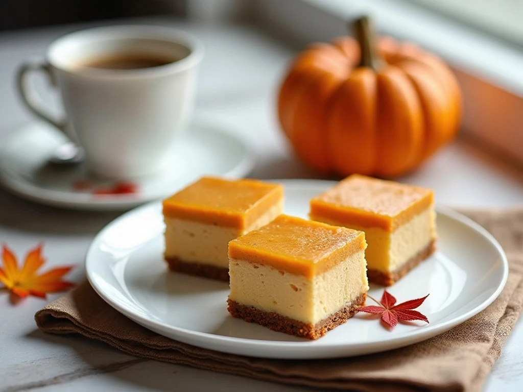 Pumpkin cheesecake bars ready to serve with coffee