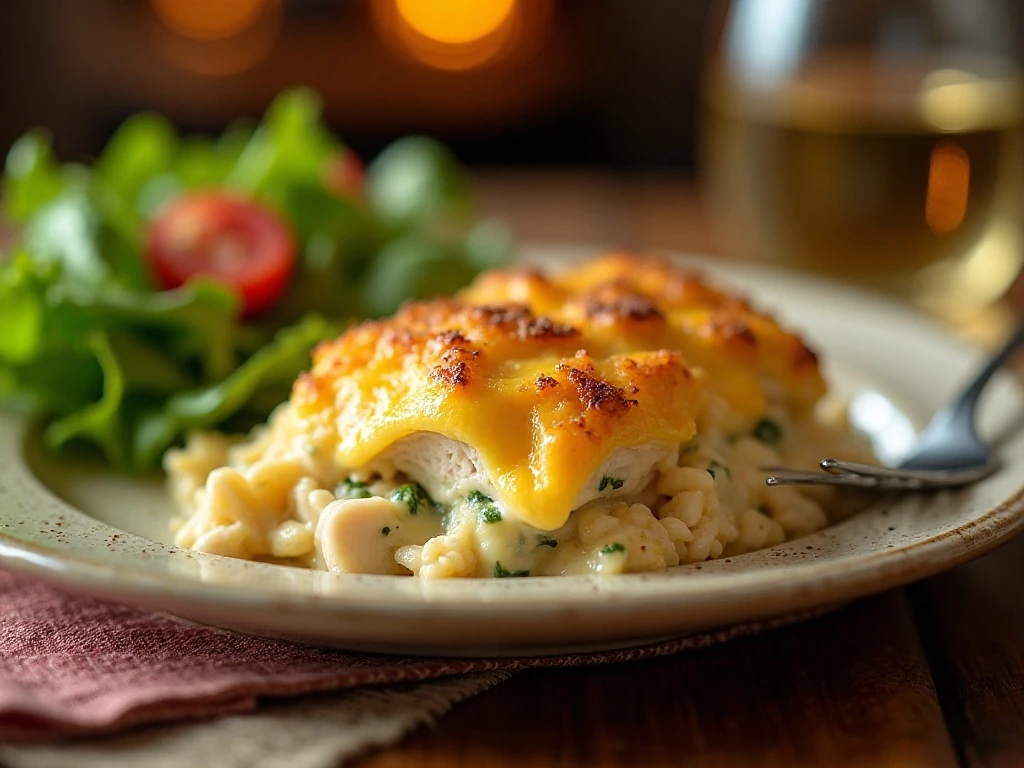 Serving of easy Swiss chicken casserole with golden stuffing topping