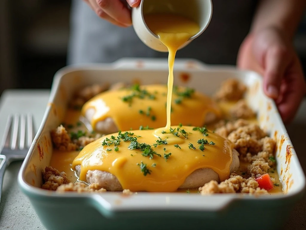 Layering chicken, cheese, sauce, and dry stuffing for the casserole