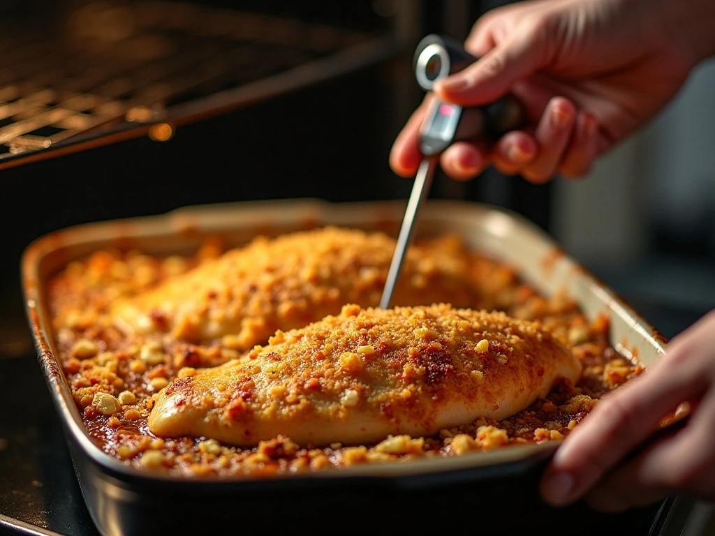 Checking Swiss chicken casserole for a browned topping and safe chicken temperature
