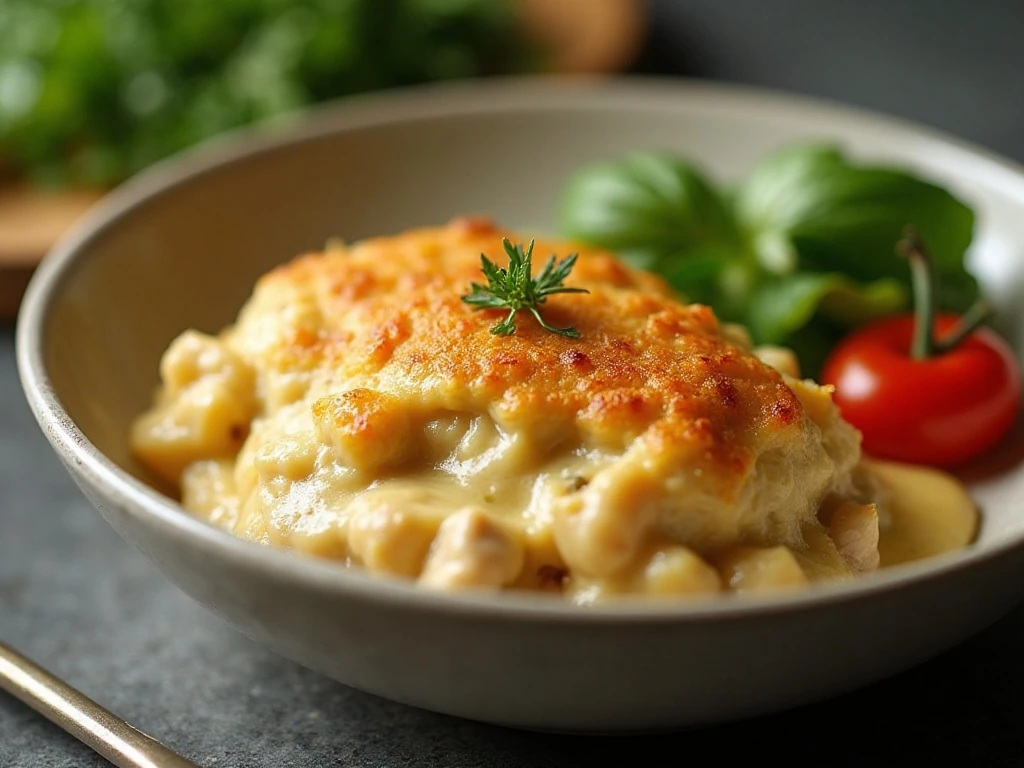 Reheated Swiss chicken casserole portion with creamy sauce and stuffing