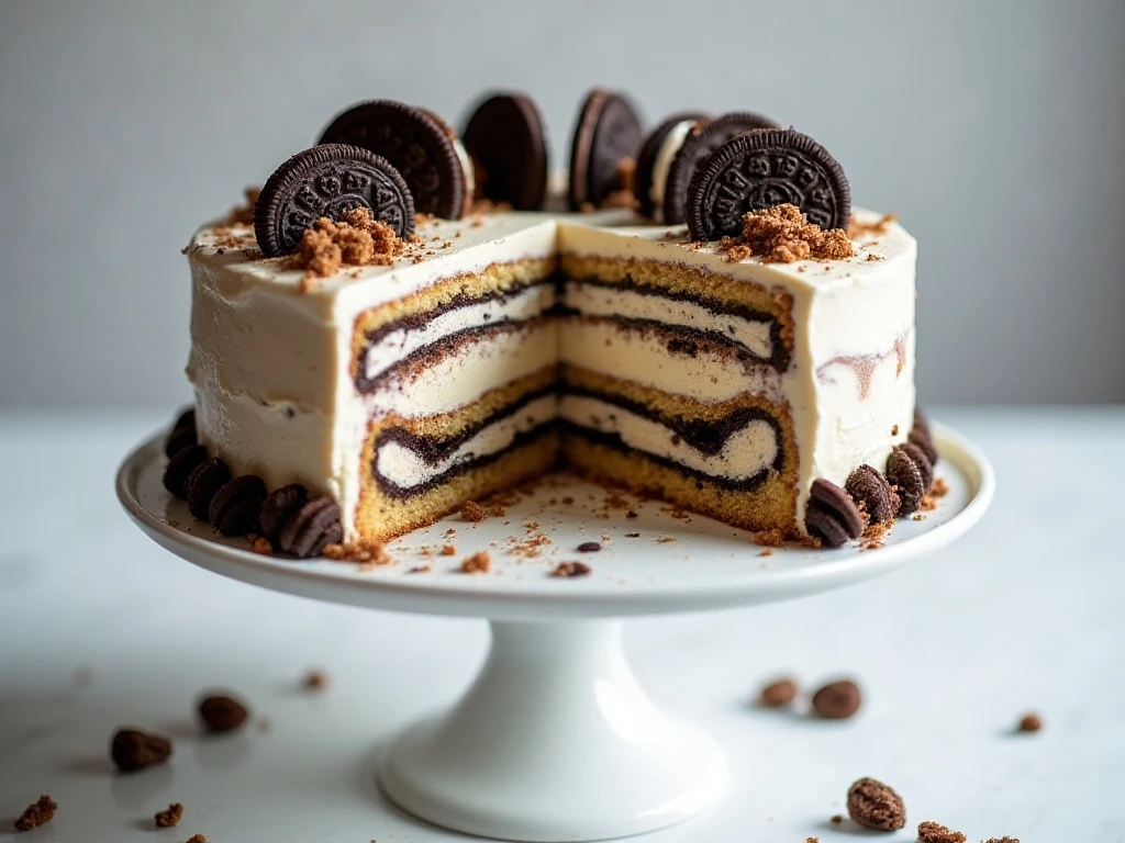 Swiss roll cookies and cream cake with a slice showing the layered filling