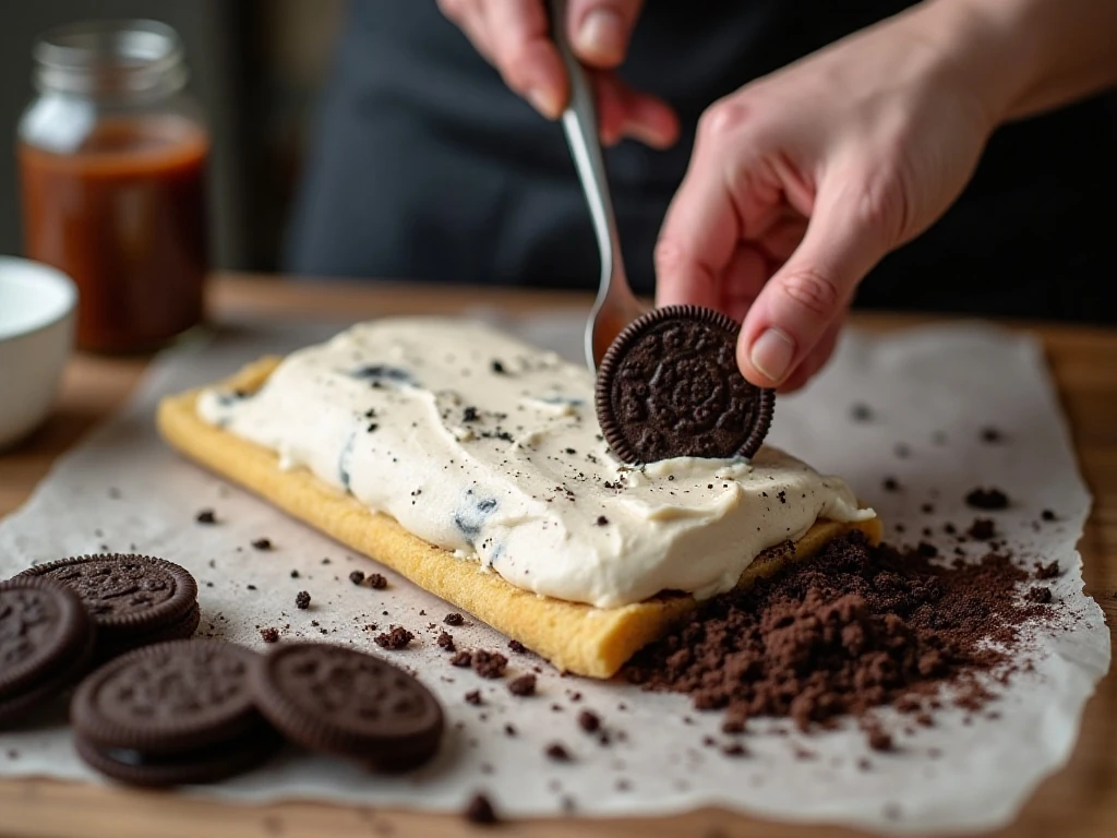 Spreadable cookies and cream ice cream layered over Swiss cake rolls