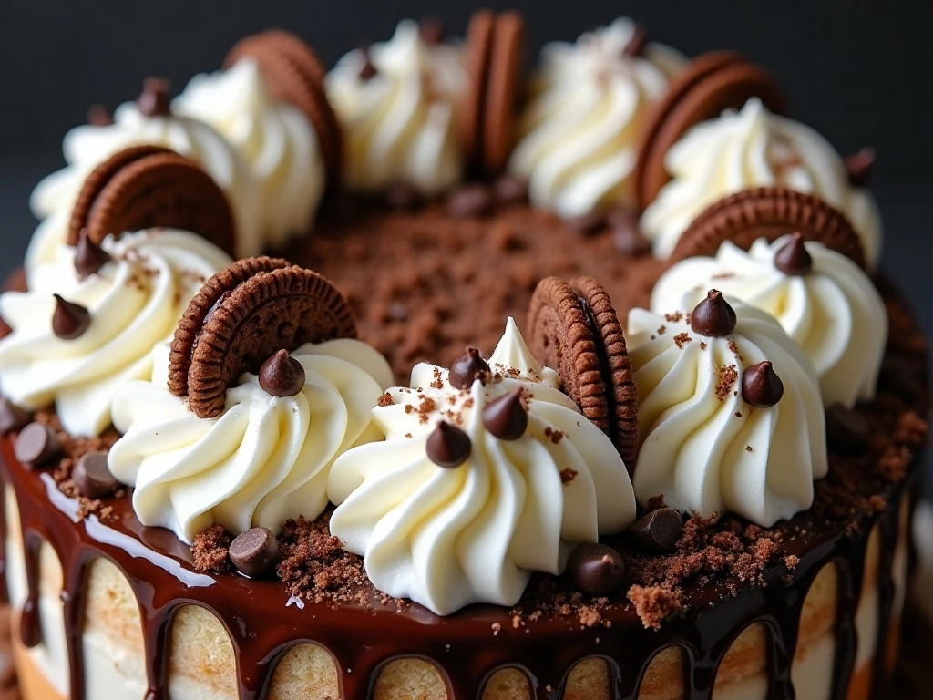 Whipped topping and cookie garnish on Swiss roll ice cream cake