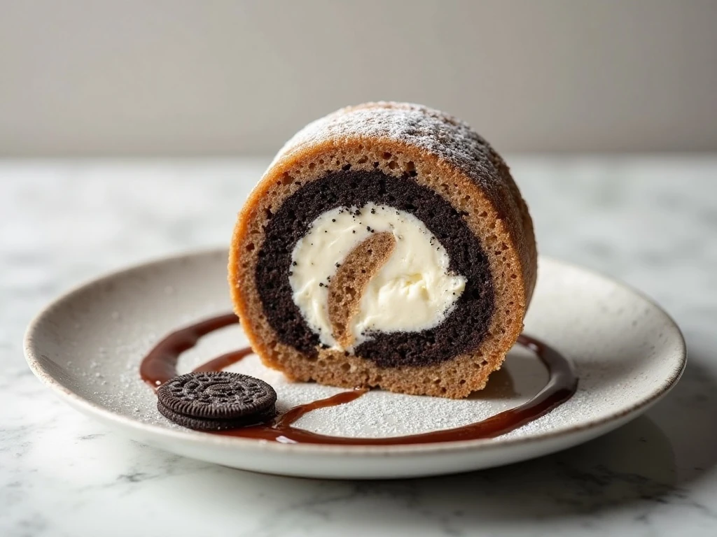 Clean slice of frozen Swiss roll cookies and cream cake with fudge