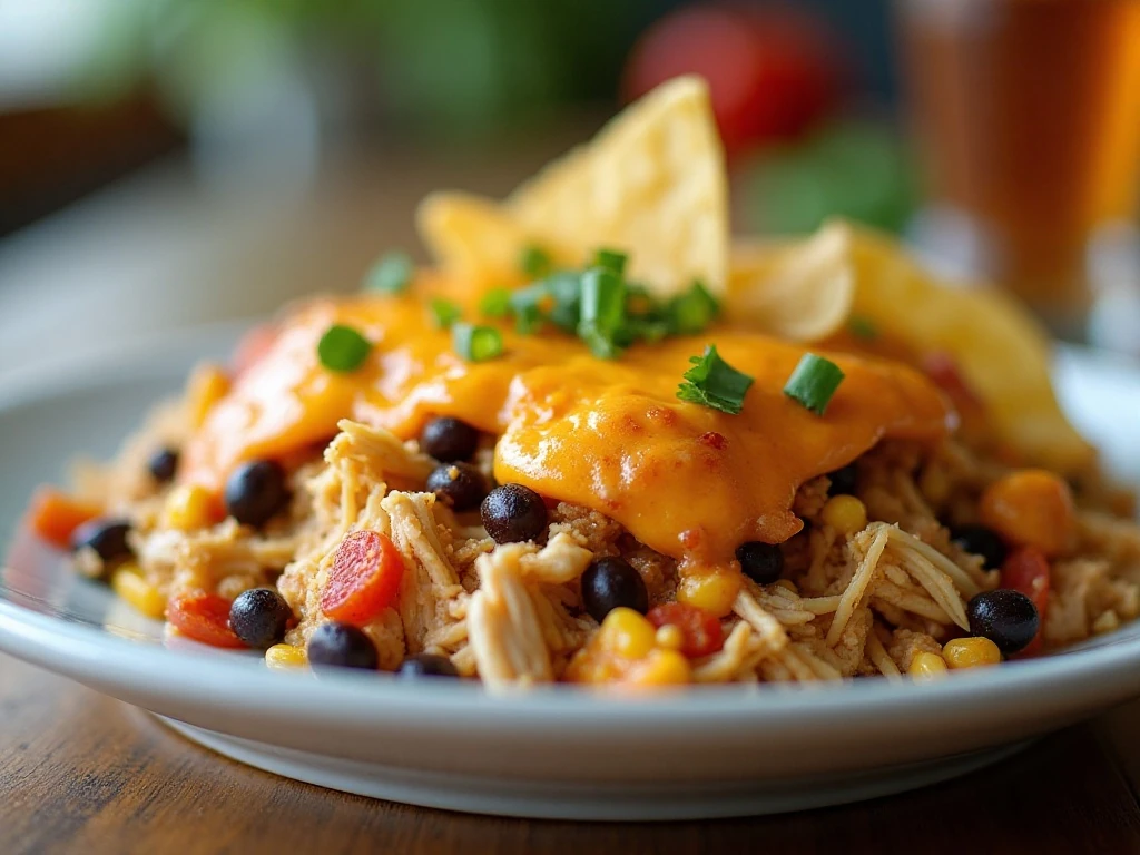 Serving of easy taco chicken casserole with melted cheese and tortilla chips