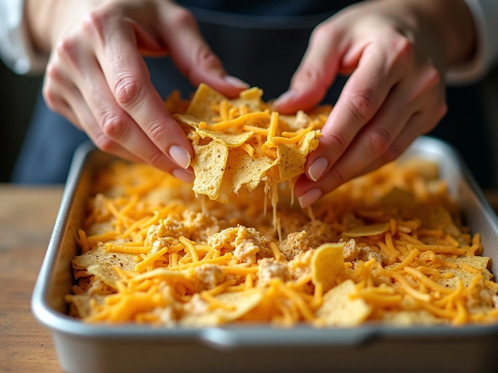 Layering chicken, tortilla chips, and cheese for taco casserole