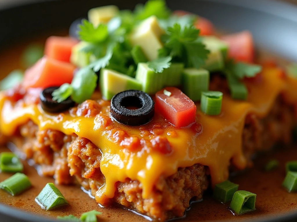 Taco chicken casserole topped with fresh garnishes and crispy chips