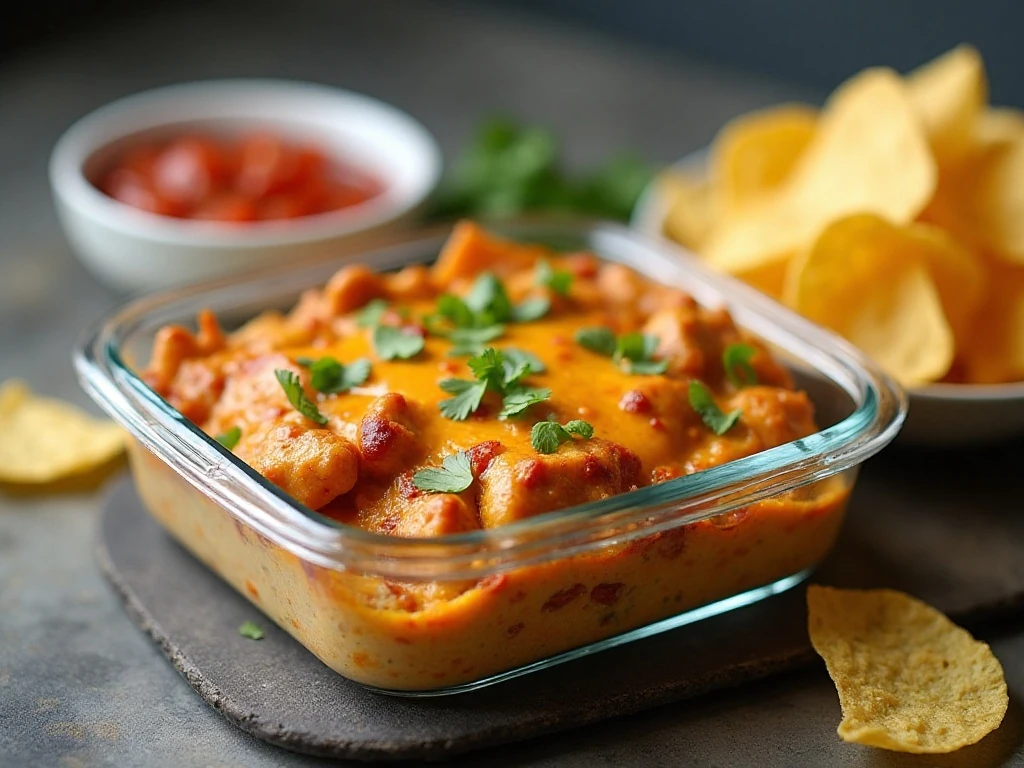 Stored taco chicken casserole portion ready for reheating