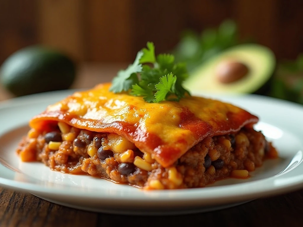 A serving of cheesy taco enchilada casserole showing the layered filling