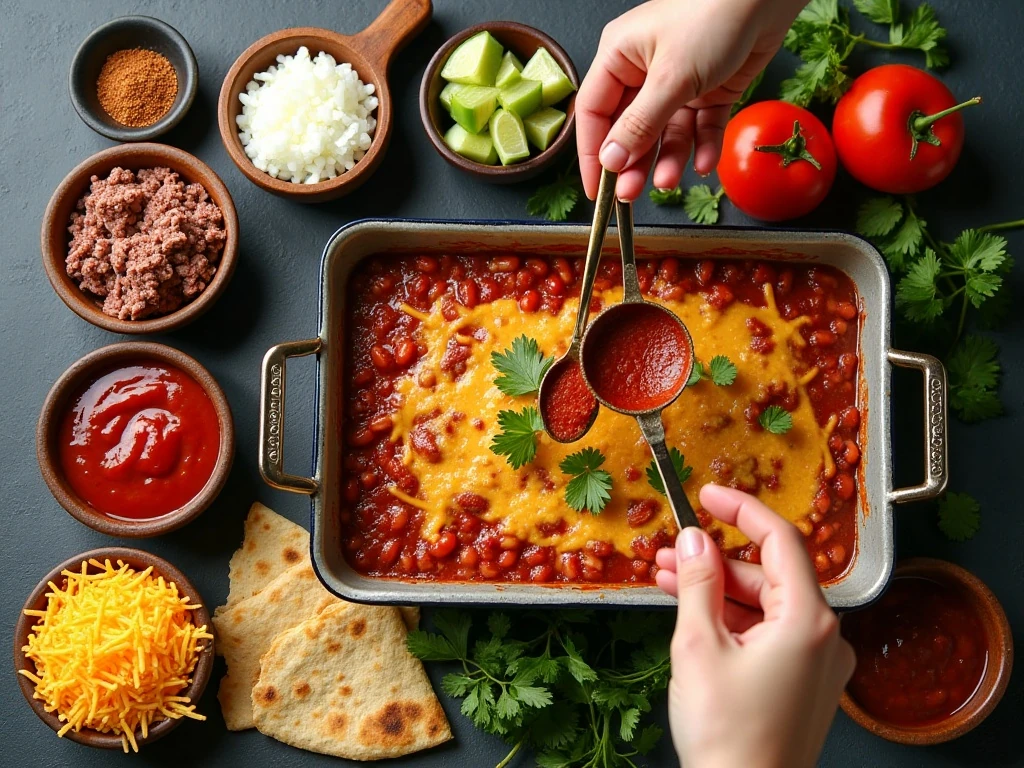 Ingredients for easy taco enchilada casserole arranged on a kitchen counter