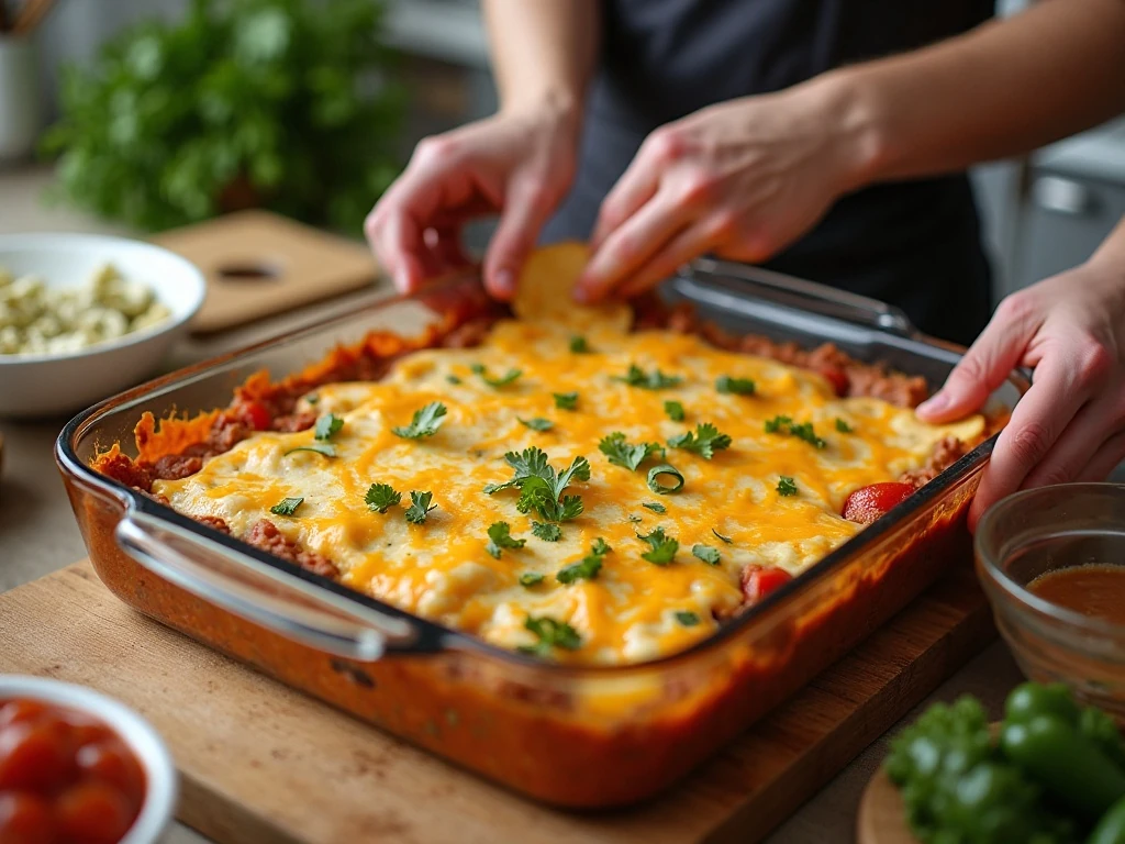 Layering tortillas, beef, beans, sauce, and cheese for taco enchilada casserole