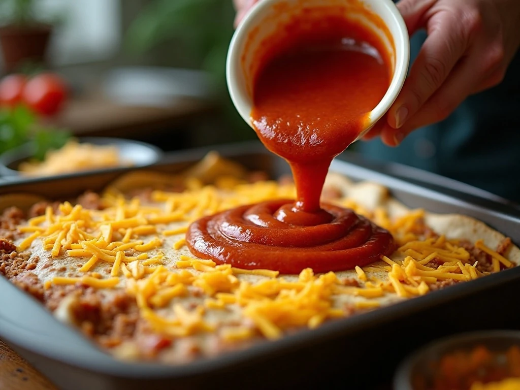 Adding enchilada sauce to keep taco casserole tortilla layers moist