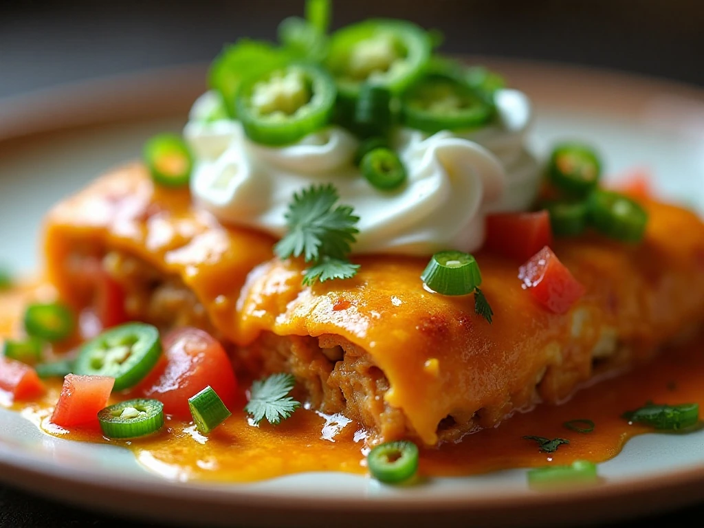 Taco enchilada casserole topped with sour cream, cilantro, avocado, and jalapeños