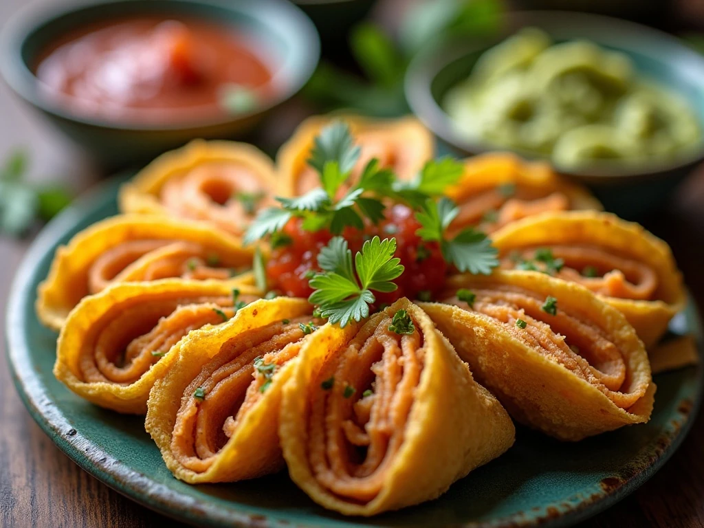 A platter of creamy taco pinwheels served with salsa and guacamole