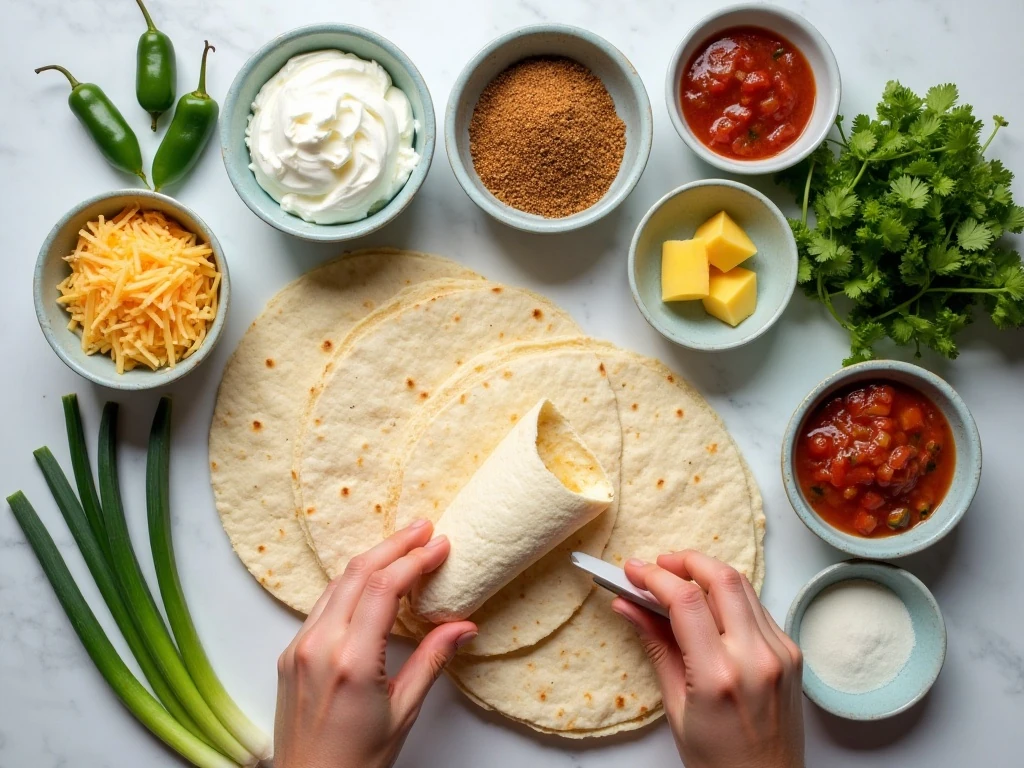 Ingredients for no-bake taco pinwheels arranged for preparation
