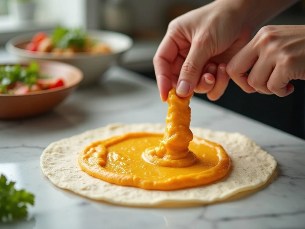 Spreading taco pinwheel filling over a flour tortilla